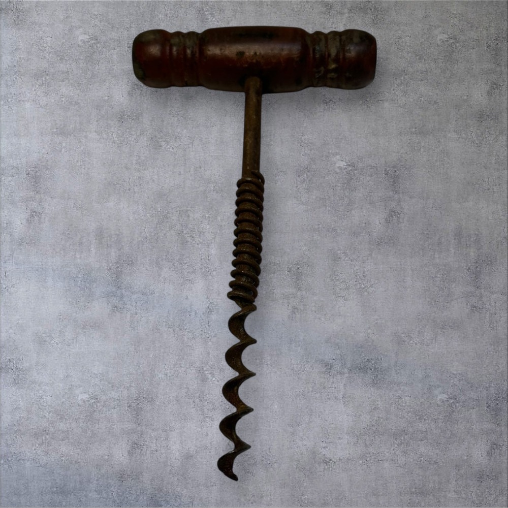 Antique T-Handle Spring Corkscrew 6.5" Brown Wood Steel Wine Opener‎ Coil